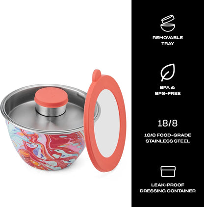 S'well Stainless Steel Salad Bowl Kit 64oz, Peacock Blue, Comes with 2oz Mini Canister and Removable Tray for Organization, Leakproof, Easy to Clean, Dishwasher Safe
