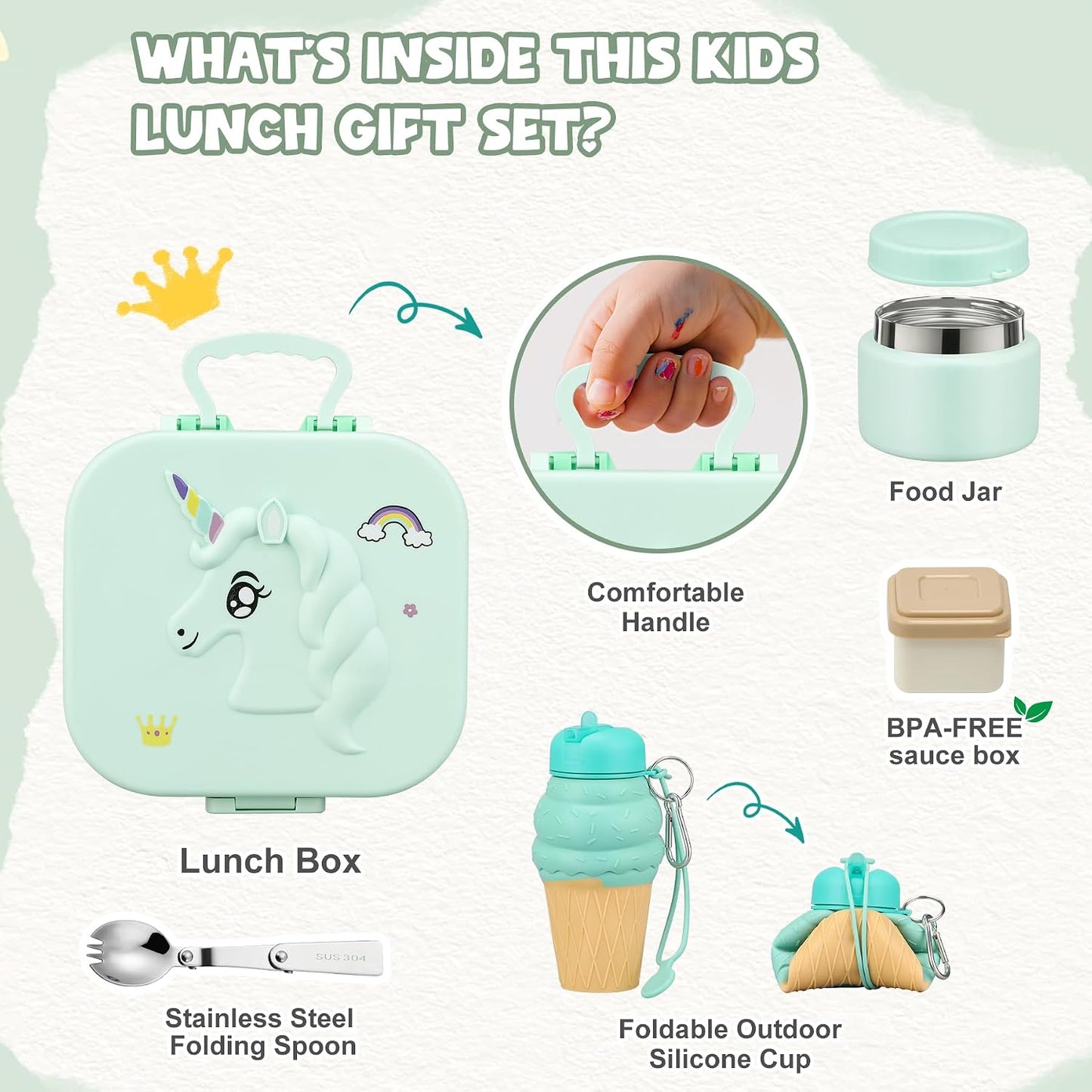 Aimsnk Magical Dinosaur Kids Lunch Box Set -12oz Insulated Food Jar, Leakproof Lunch Food Containers Cutlery, Leak-Proof Sauce Cup & Spoon, Gradient Green+Jar Green