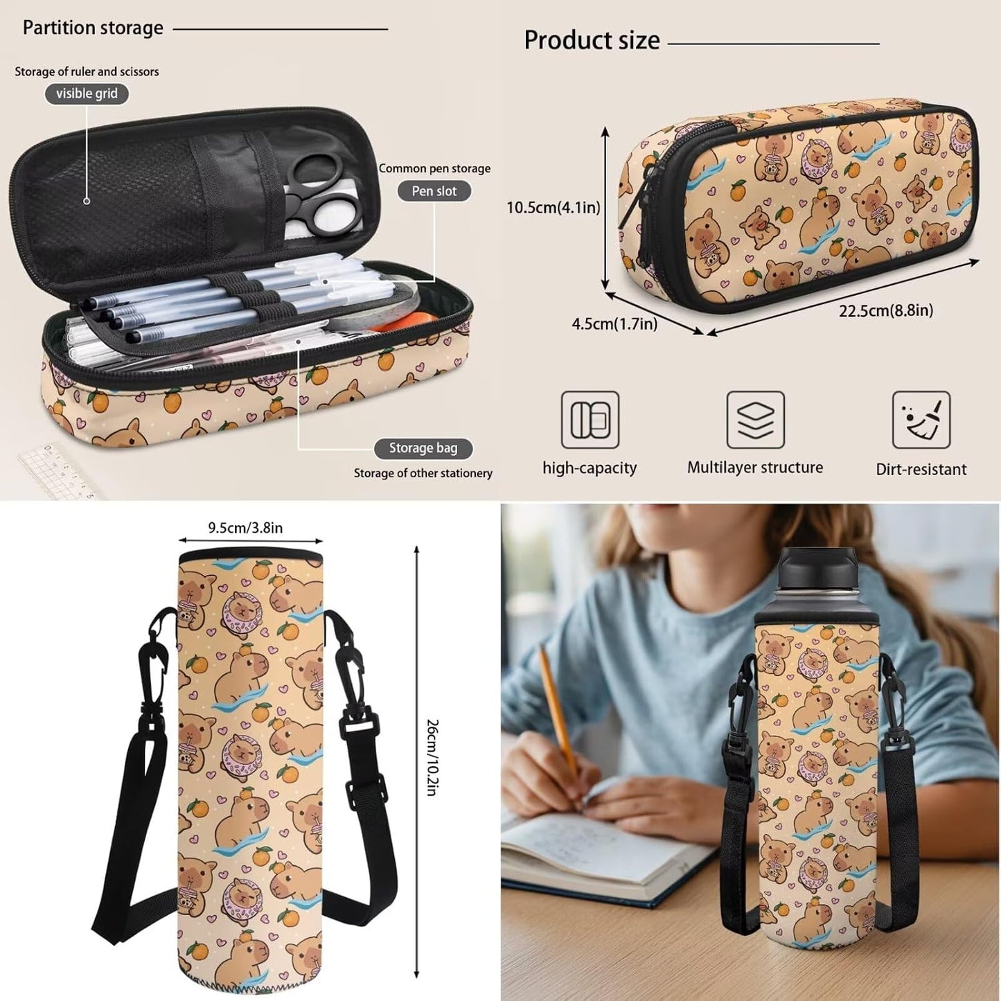 Cute Capybara Pizza Backpack for Girls, 5 Pcs Boys School Bag Set for Kids, 17 Inch Backpacks Lunch Pencil Box Reusable Utensils Case Set for Middle Elementary School, 3rd Grade Backpack