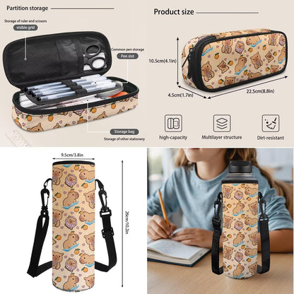 Cute Capybara Pizza Backpack for Girls, 5 Pcs Boys School Bag Set for Kids, 17 Inch Backpacks Lunch Pencil Box Reusable Utensils Case Set for Middle Elementary School, 3rd Grade Backpack
