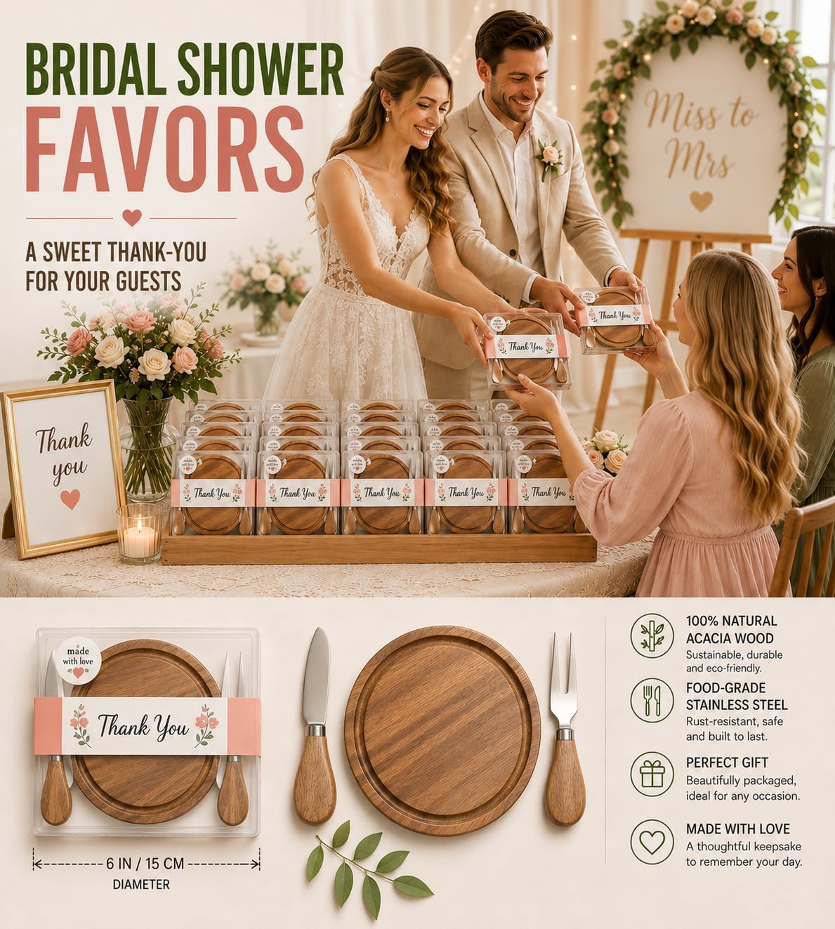 Storage-ready Bamboo Cheese Board Set, 6-Inch Mini Personal Charcuterie Tray, Gift-ready for Wedding, Bridal & Baby Shower Party