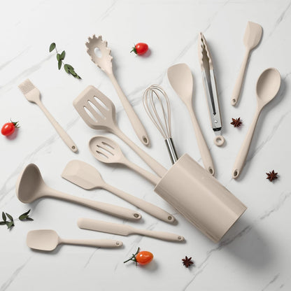 LIANYU 14 Pcs Silicone Kitchen Utensils Set with Holder, 446°F Heat Resistant Silicone Cooking Kitchen Utensils Spatula Set, Non-Stick & Dishwasher Safe Cooking Tools, Comfort Grip Handle, Black