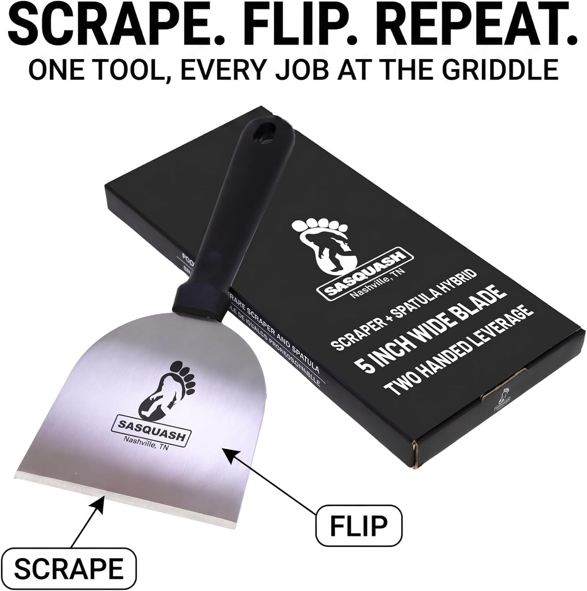 Sasquash Grill Scraper, Griddle Spatula, Stainless Steel, Wide Face, 5 inch