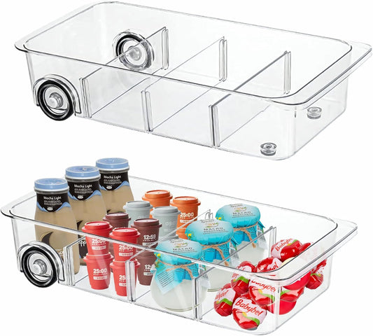 2Pack Roll Out Fridge Caddy Bins Pull Out Drawer with Wheels Refrigerator Organizer Bins with Handles Divided Fruit Caddy for Fridge Pantry Cabinet Storage Cans Drinks
