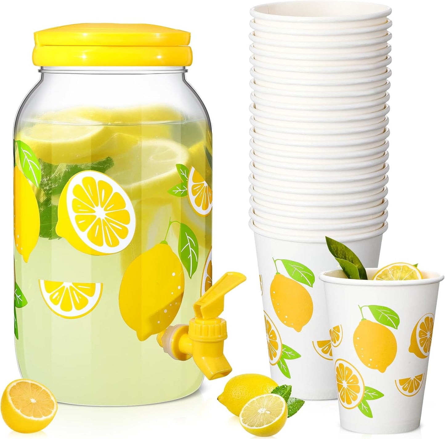 Umigy Tree Clear Plastic Drink Dispenser with 20 Pcs 12 oz Tropical Paper Cups 1 Gallon Kitchen Fridge Beverage Dispenser Plastic Water Dispenser with Spigot for Juice Tea Beer(Orange)