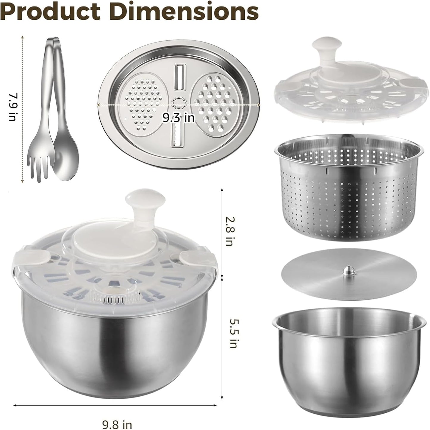 Stainless Steel Salad Spinner Set with Grater and Food Clip, 6L Large Metal Salad Spinner, Fruit Vegetable Dryer with Built-in Drain Spout for Dehydrating Fruit and Vegetable, Pasta (Silver)