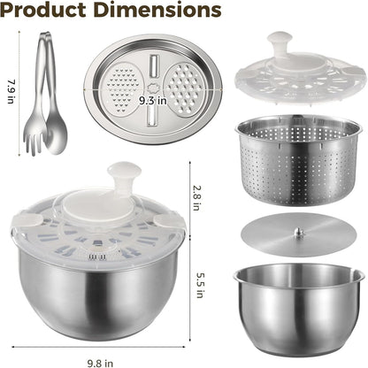 Stainless Steel Salad Spinner Set with Grater and Food Clip, 6L Large Metal Salad Spinner, Fruit Vegetable Dryer with Built-in Drain Spout for Dehydrating Fruit and Vegetable, Pasta (Silver)