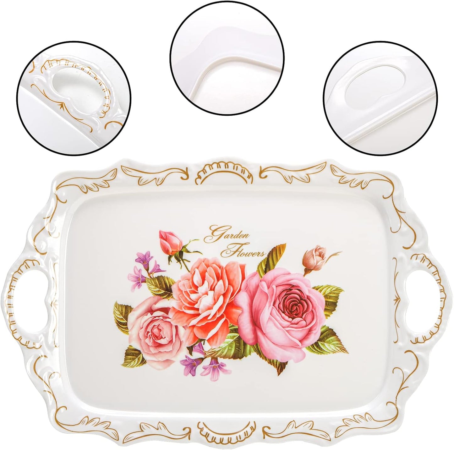 Nicunom 3 Pack Melamine Serving Tray with Handles, Floral Serving Trays Stackable Food Tray for Eating Unbreakable Large Serving Platter for Party, Decor, Home, Restaurant, Gift,16" L x 11" W