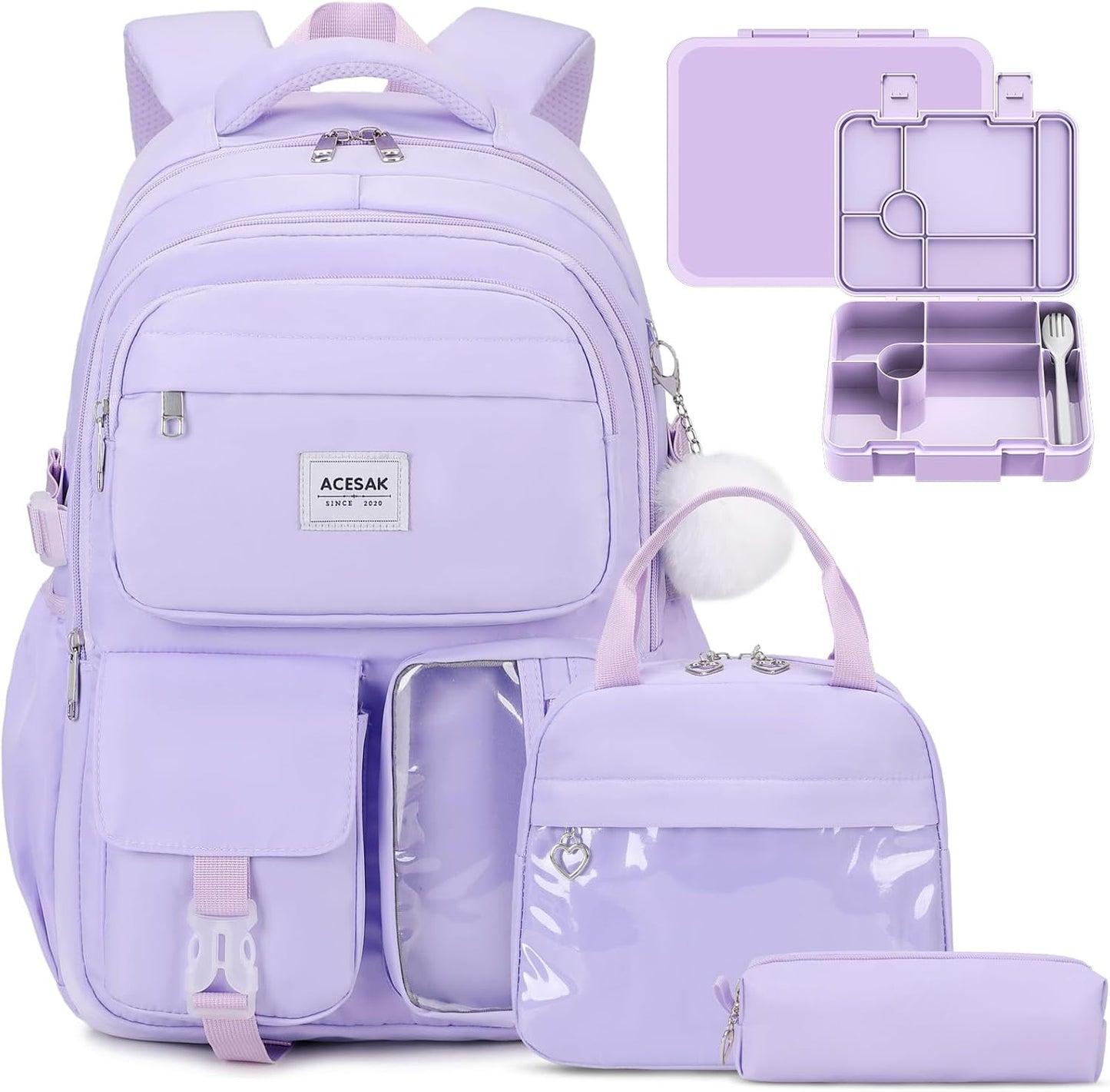 ACESAK Girls Backpack - Bento Box with Insulated Lunch Bag Pencil Case & Utensils Set for Kids, 6 Leakproof Compartments Removable Tray Lunches or Snack Container for School (Gray Daisy)
