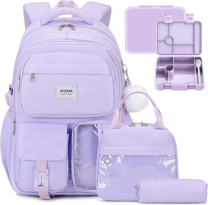 ACESAK Girls Backpack - Bento Box with Insulated Lunch Bag Pencil Case & Utensils Set for Kids, 6 Leakproof Compartments Removable Tray Lunches or Snack Container for School (Gray Daisy)