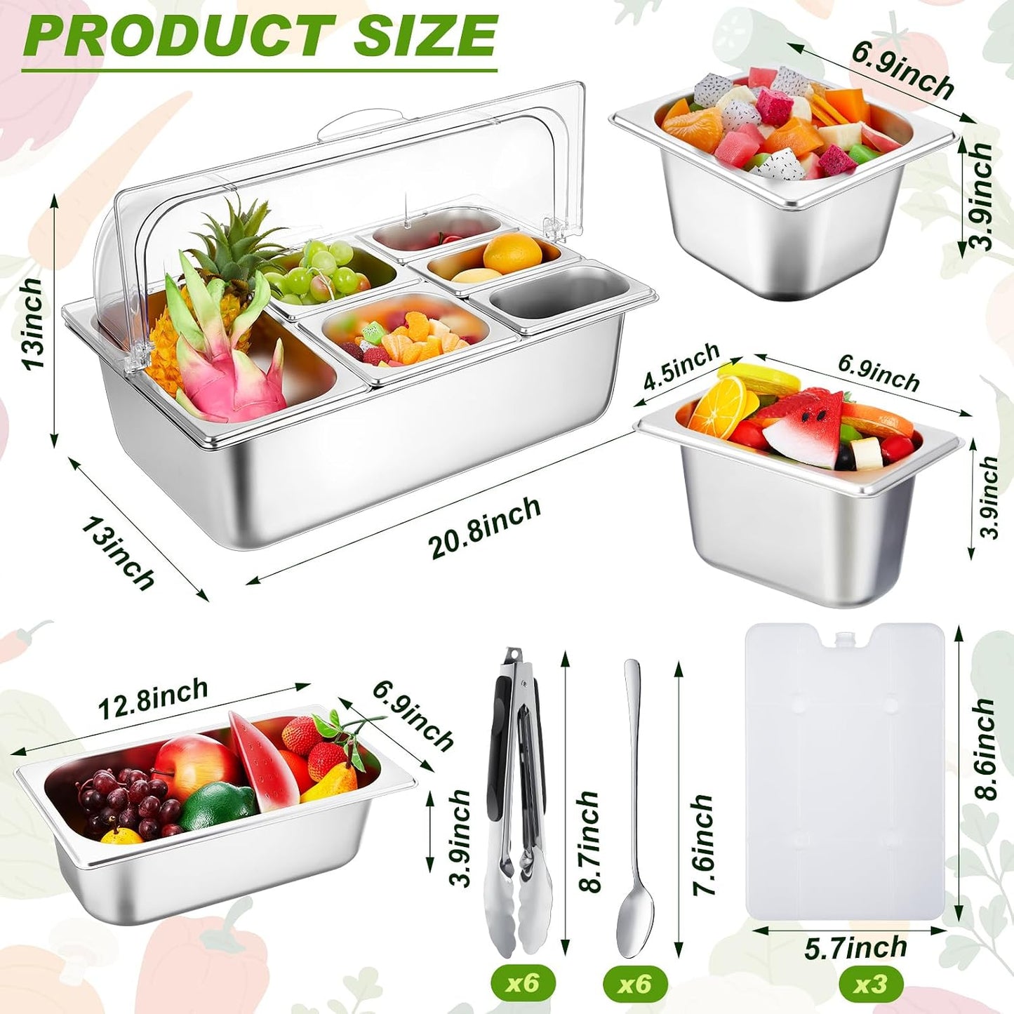 Condiment Tray Stainless Steel Serving Display Set with Lid for Buffet Restaurant Kitchen, Food Chilled Container for Salad Fruit Condiments, Keeps Food Fresh with Ice Box(6 Compartments)