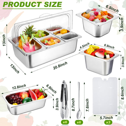 Condiment Tray Stainless Steel Serving Display Set with Lid for Buffet Restaurant Kitchen, Food Chilled Container for Salad Fruit Condiments, Keeps Food Fresh with Ice Box(6 Compartments)