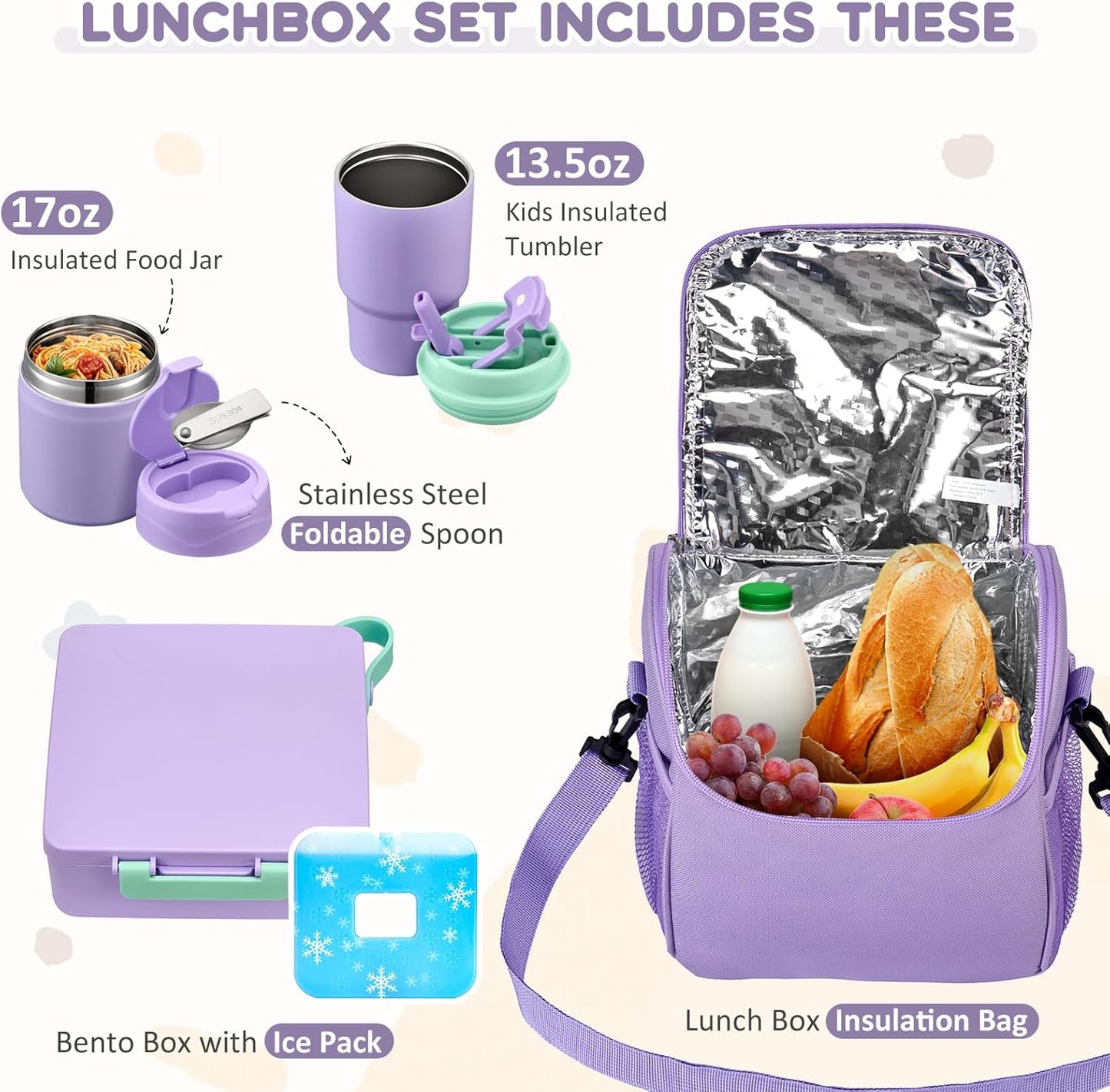 Pawtong Lunch Box Set with Bento Box Container, 17OZ Stainless Steel Food Soup Thermo, Kids Water Bottle & Portable Insulated Lunch Bag, Leakproof, Hot/Cold Retention for School, Travel (Purple-Horse)