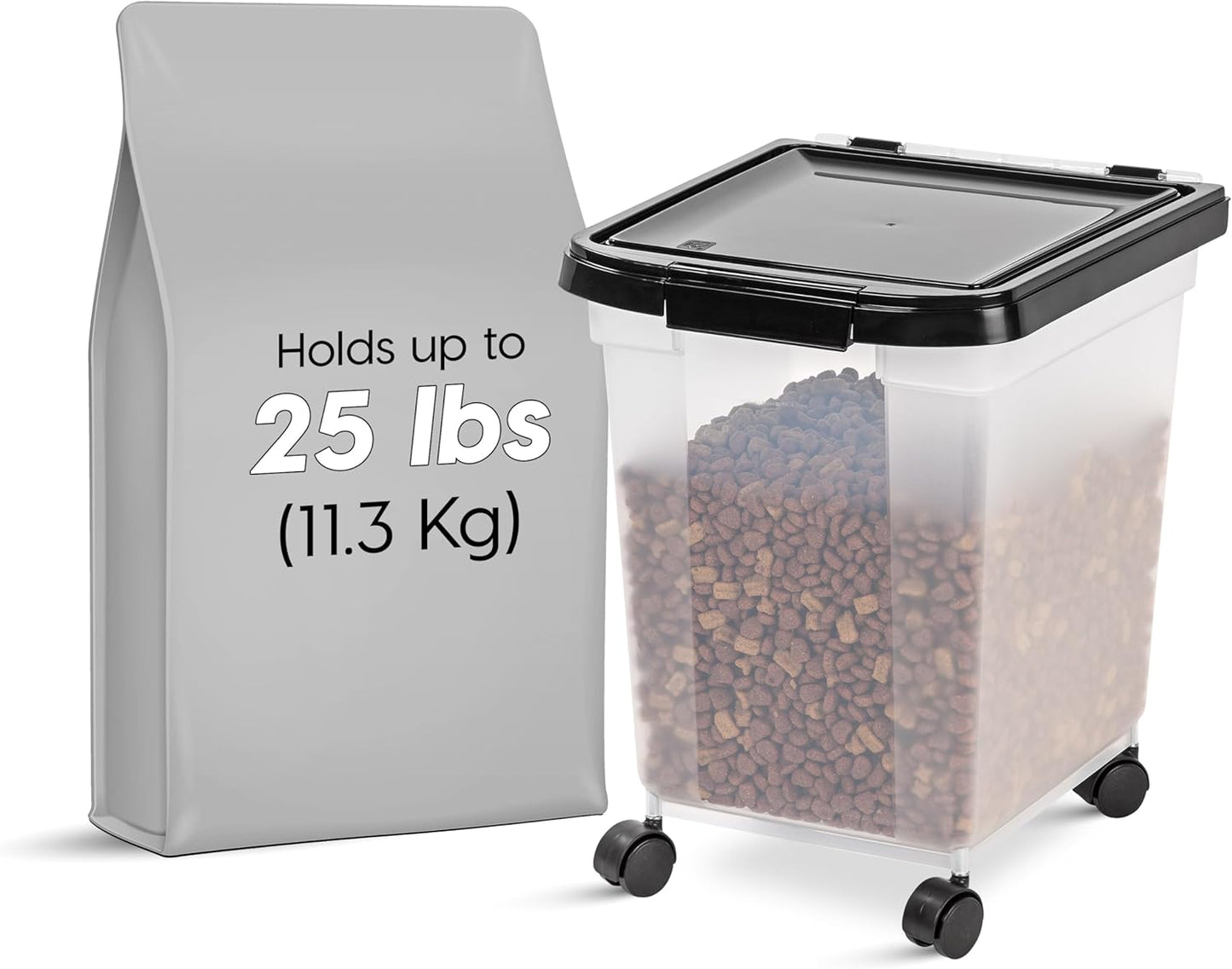 IRIS USA Airtight Dog Food Storage Container, WeatherPro, Up to 25 lbs, Removable Wheels, for Dog Cat Bird and Other Pet Food Storage Bin, Keep Fresh, Translucent Body, Made in USA, Clear/Black