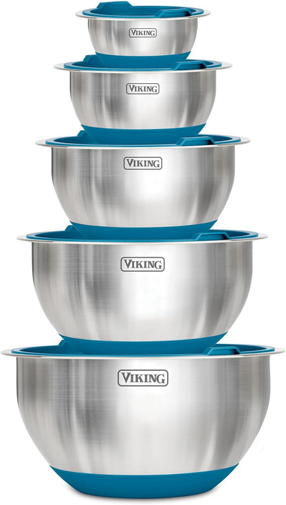 Viking Mixing Bowls Set, 10 Piece Stainless Steel Kitchen Cookware, Non-Slip Silicone Base, Includes Tight Fit Lids, Dishwasher Safe, Grey