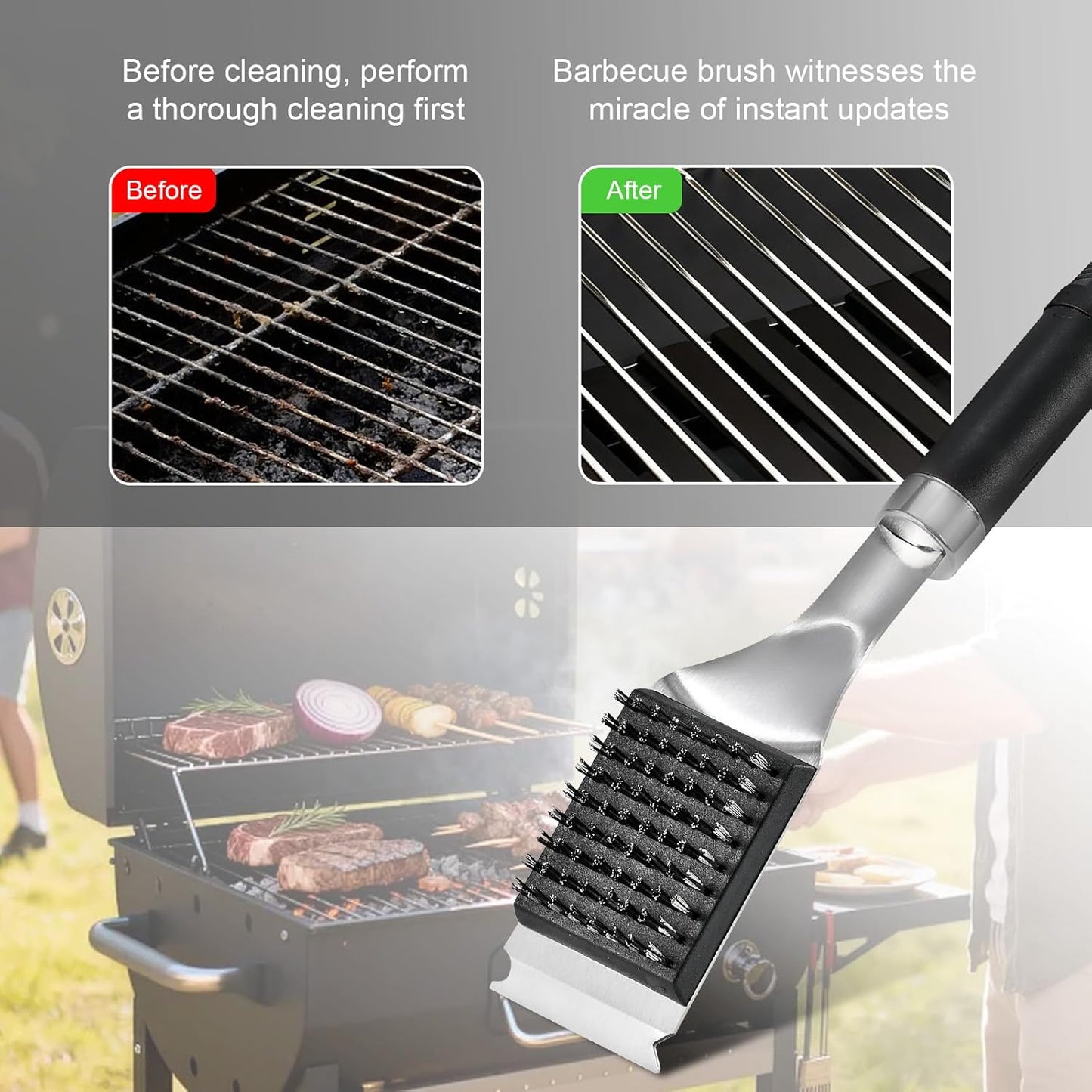 BBQ Grill Cleaning Brush with Scraper, 17'' Stainless Steel Grill Grate Cleaner with 2 Replaceable Stainless Steel Bristles Heads, Safe BBQ Accessories for Charcoal & Electric Grills
