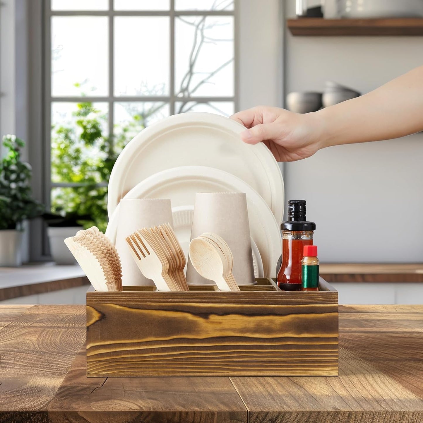 Acacia Wood Utensil Holder for Party, 6-Compartment Paper Plate and Silverware Organizer with Handles, Rustic Utensil Caddy for Parties, Outdoor Gatherings, and Kitchen Countertop Organization