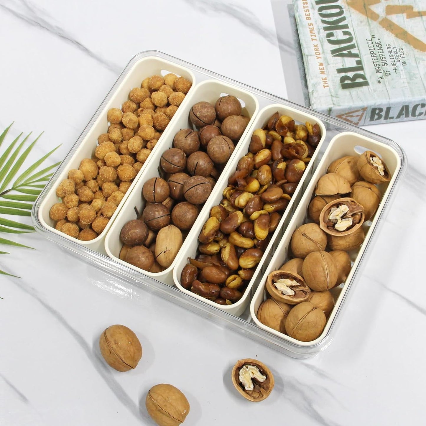 Divided Serving Tray with Lid, Snackle Box Container with Compartments, Snack Container with Handle, Veggie Tray, Fridge Fruit Storage - Keeping Fresh, Great for Party Entertaining Picnic