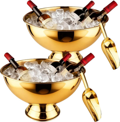 Large Ice Bucket 13L Stainless Steel Champagne Bowl Ice Bucket with Ice Scoop Semicircle Drink Tub with Integrated Base Silver Beverage Tub for Parties, Cocktail Bar, Chilling Wine (1 Pack-Silver)