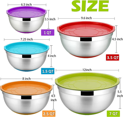 P&P CHEF Mixing Bowls with Lids Set of 5, Stainless Steel Nesting Salad Bowl with Lid & Base for Non-slip Mixing Prepping Storing Serving, 5 Sizes-7/3.5/2.5/1.5/1 QT, Khaki