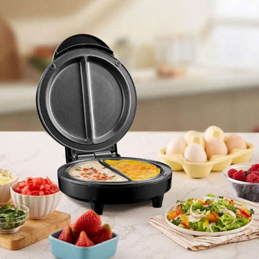 Dual-Zone Electric Omelette Maker Nonstick 6.3" Dual Individual Pans with Indicator Lights Anti-Slip Base Anti-Scald Handle Quick, No-Flipping