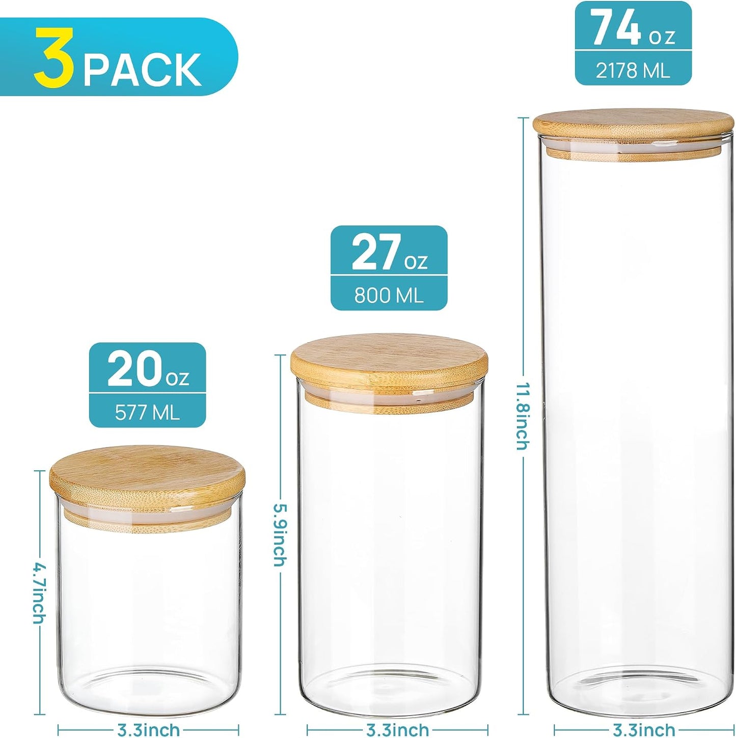 Vtopmart Glass Food Storage Jars, 7 Pack Kitchen Containers with Airtight Bamboo Wooden Lids for Pasta, Cookies, Nuts, Coffee Beans, Cereal, Canisters Set for Flour, Pantry Organization, BPA Free