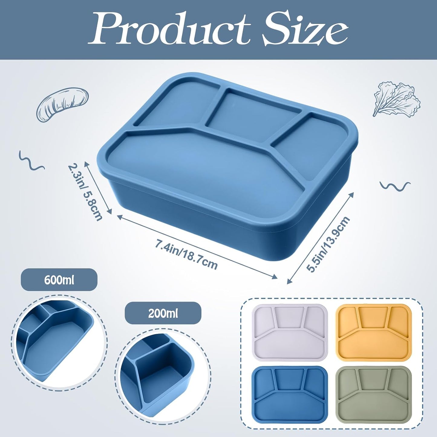 Honeydak 6 Pcs Silicone Bento Box Reusable Lunch Container 4 Compartment Snack Boxes with Lid Smooth LeakProof Rectangle Food Boxes for Adult Work Travel Food Storage (Cute Color)