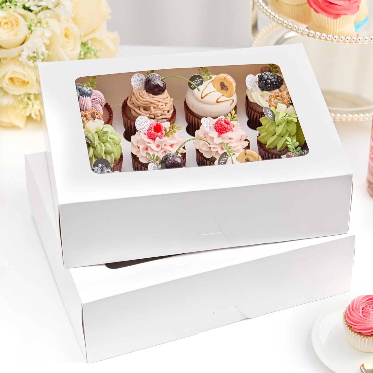 Kucoele 12 Count Cupcake Boxes, 2 Pack White Cupcake Containers with Windows and Inserts, Disposable Cupcake Carriers for Muffins, Treats, Pastries, 13 x 10 x 4 Inches