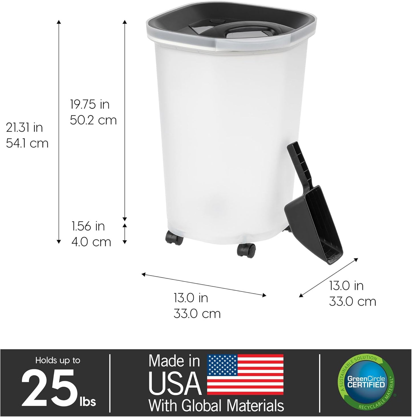 IRIS USA Airtight Dog Food Storage Container, Up to 30 lbs, Attachable Wheels, for Dog Cat Bird and other Pet Food Storage Bin, Keep Fresh, Easy Mobility, BPA Free, Black