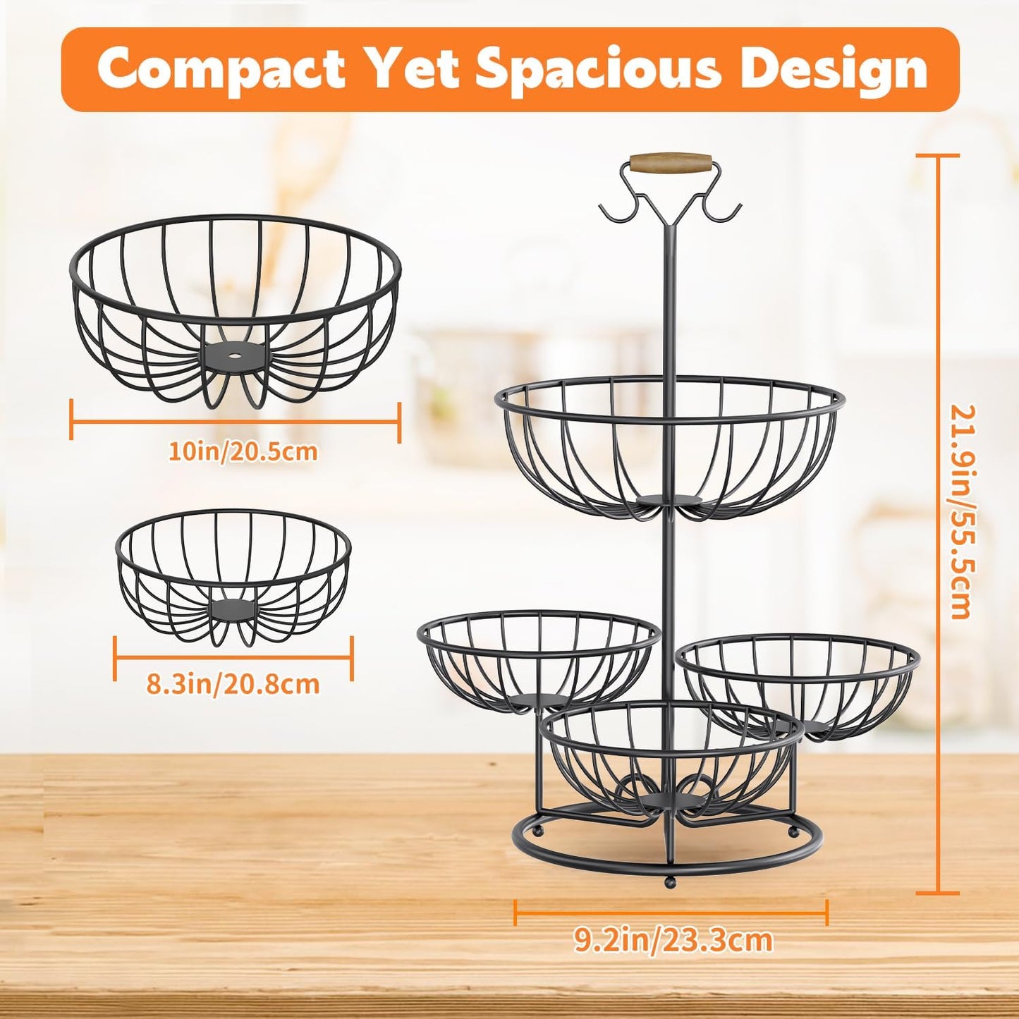 PouHenier.jh 3 Tier Rotating Fruit Basket Bowl, Kitchen Counter Wire Produce Organizer Holder, Stable Vegetable Storage Stand with 2 Banana Hangers, Countertop Tiered Veggie Rack, Easy Setup, Black