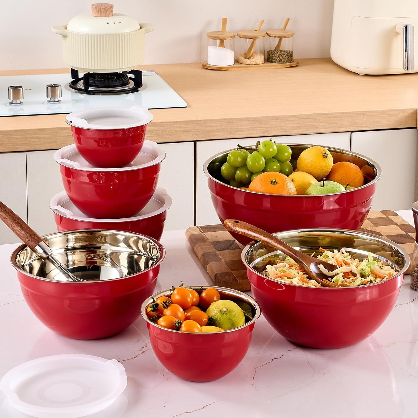Pink Mixing Bowls with Airtight Lids, Stainless Steel Nesting Mixing Bowls Set of 7, Ideal for Baking, Prepping and Serving Food, Size 7, 3.6, 2.7, 2.1, 1.5, 1.1,0.8 QT, Stackable Design