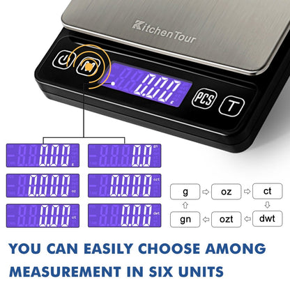 KitchenTour Mini Gram Scale for Coffee, Jewelry and Small Items, 500g x 0.01g Digital Pocket Scale with Tare, 6 Units, Back-Lit LCD, 2 Trays, Black
