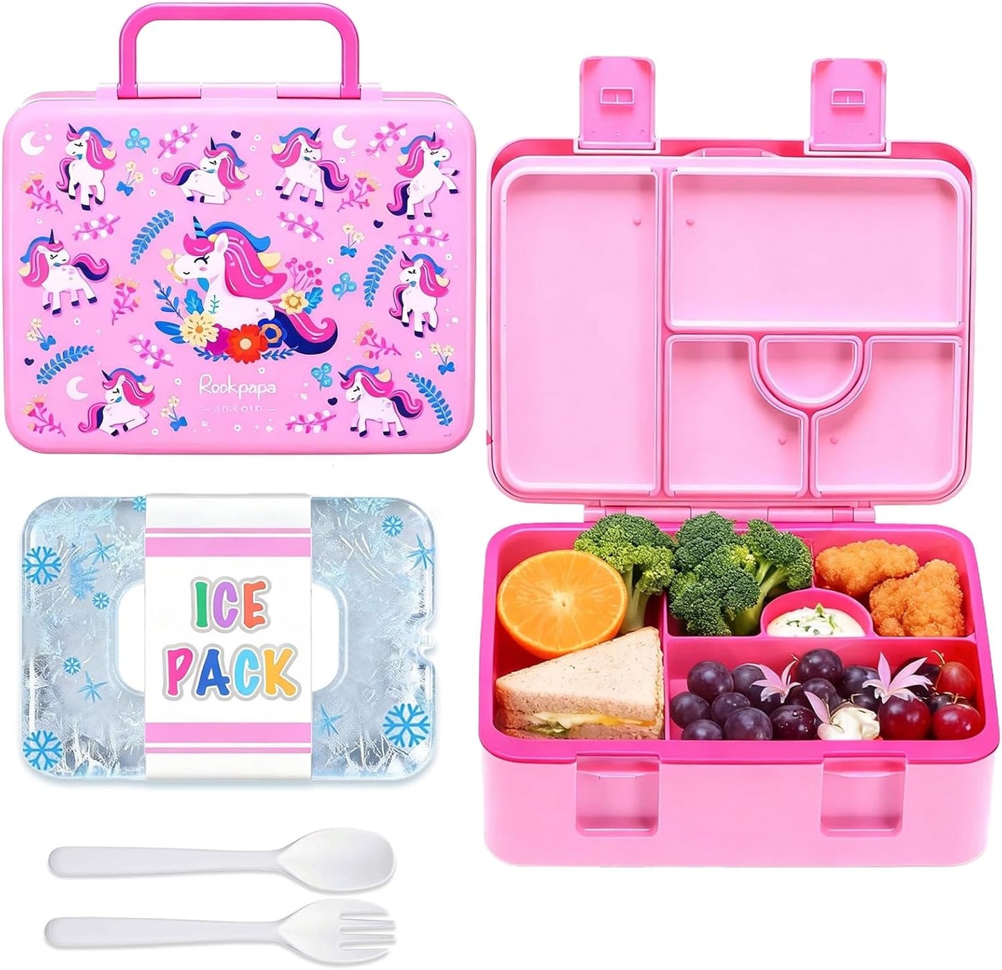 rockpapa Chill Bento Box for Kids- Large 5.5 Cups Lunch Box with Ice Pack - 5 Compartments, BPA-Free, Leak Proof, with Utensils & Portable Handle, Microwave/Dishwasher Safe (Purple Butterfly)
