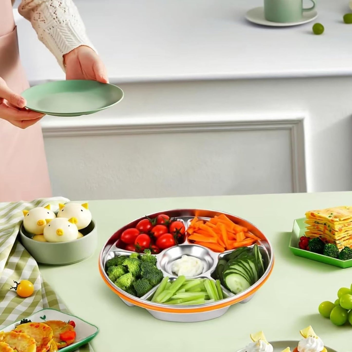 2 Packs Divided Serving Trays with Lid Stainless Steel 6 Compartment 10.43in 60.87OZ Snack & Veggie Tray with Plastic Lid Stainless Steel Snackle Box for Party, Easy to Clean