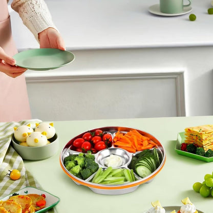 2 Packs Divided Serving Trays with Lid Stainless Steel 6 Compartment 10.43in 60.87OZ Snack & Veggie Tray with Plastic Lid Stainless Steel Snackle Box for Party, Easy to Clean