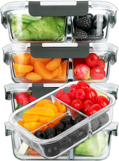 M MCIRCO [5-Pack, 36 oz] Glass Meal Prep Containers 3 Compartment with Lids, Glass Lunch Containers,Food Prep Lunch Box,Bento Box,Microwave, Oven, Freezer, Dishwasher (4.5 Cups, Green)