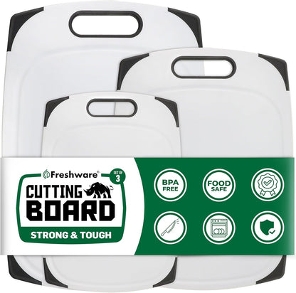 Freshware Cutting Boards for Kitchen, Chopping Board 3-Pack with Different Sizes, Juice Grooves and Non Slip Handles - Reversible, Large Cutting Board Set - Dishwasher Safe - Gray