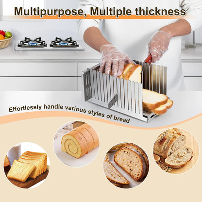 Stainless Steel Bread Slicer, Adjustable Width 5.5-8.3 Inches for Homemade Bread Sourdough Bagels Cakes, Foldable Compact Design, 0.5 Inch Even Slices