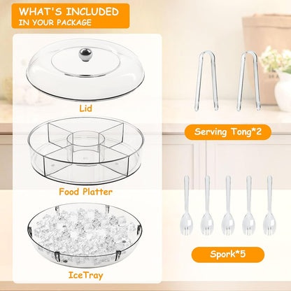 Chilled Serving Tray, Rotating Snack Tray with Lid, Chilled Veggie Tray Clear Fruit Trays for Serving for Party, Snack Box for Shrimp Sushi Appetizer