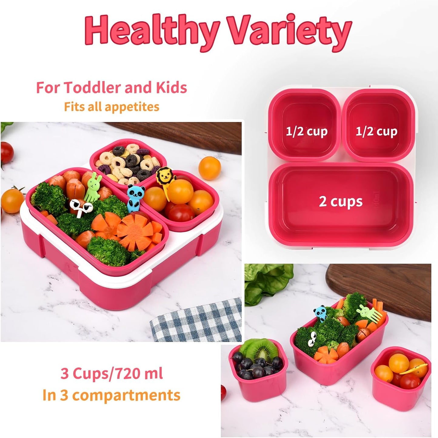 Genteen Bento Box for Kids, Kids Lunch Box with 3 Removable Compartments, Toddler Baby Lunch Box for Daycare, School, Leak-proof Lunch Snack Portion Container, Ideal Portion Size for Ages 3 to 7- Blue