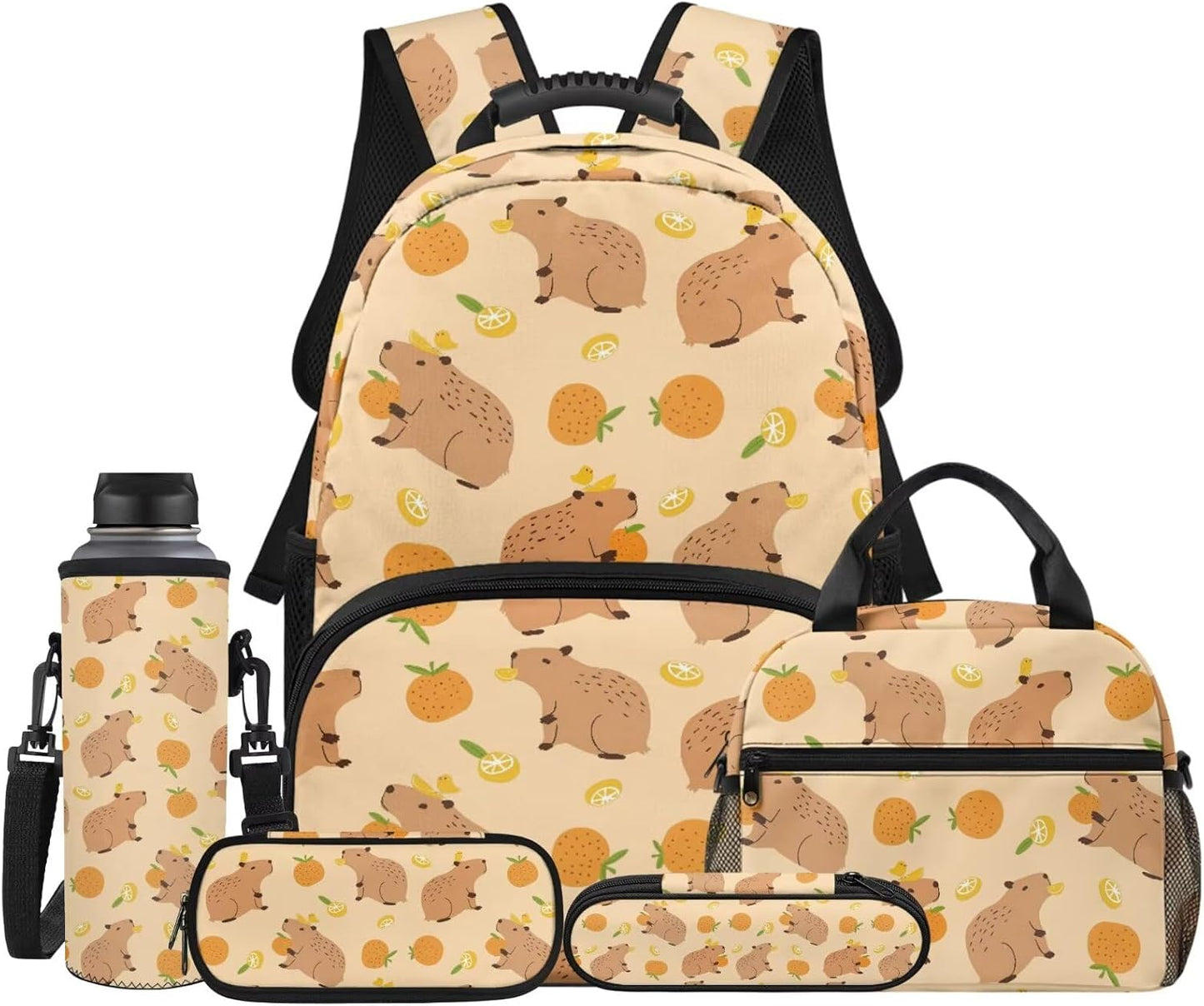 Cute Capybara Pizza Backpack for Girls, 5 Pcs Boys School Bag Set for Kids, 17 Inch Backpacks Lunch Pencil Box Reusable Utensils Case Set for Middle Elementary School, 3rd Grade Backpack