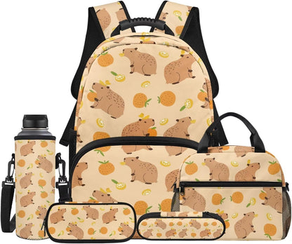 Cute Capybara Pizza Backpack for Girls, 5 Pcs Boys School Bag Set for Kids, 17 Inch Backpacks Lunch Pencil Box Reusable Utensils Case Set for Middle Elementary School, 3rd Grade Backpack