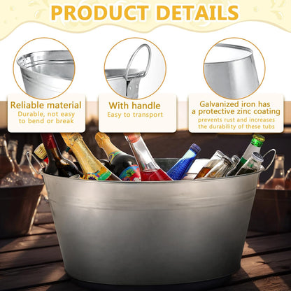 Ziliny 2 Pcs 6.3 Gallon Galvanized Beverage Tubs Large Drink Buckets for Parties Insulated Metal Ice Bucket with Handles Rustic Storage Container for Parties Beer Drinks, Silver
