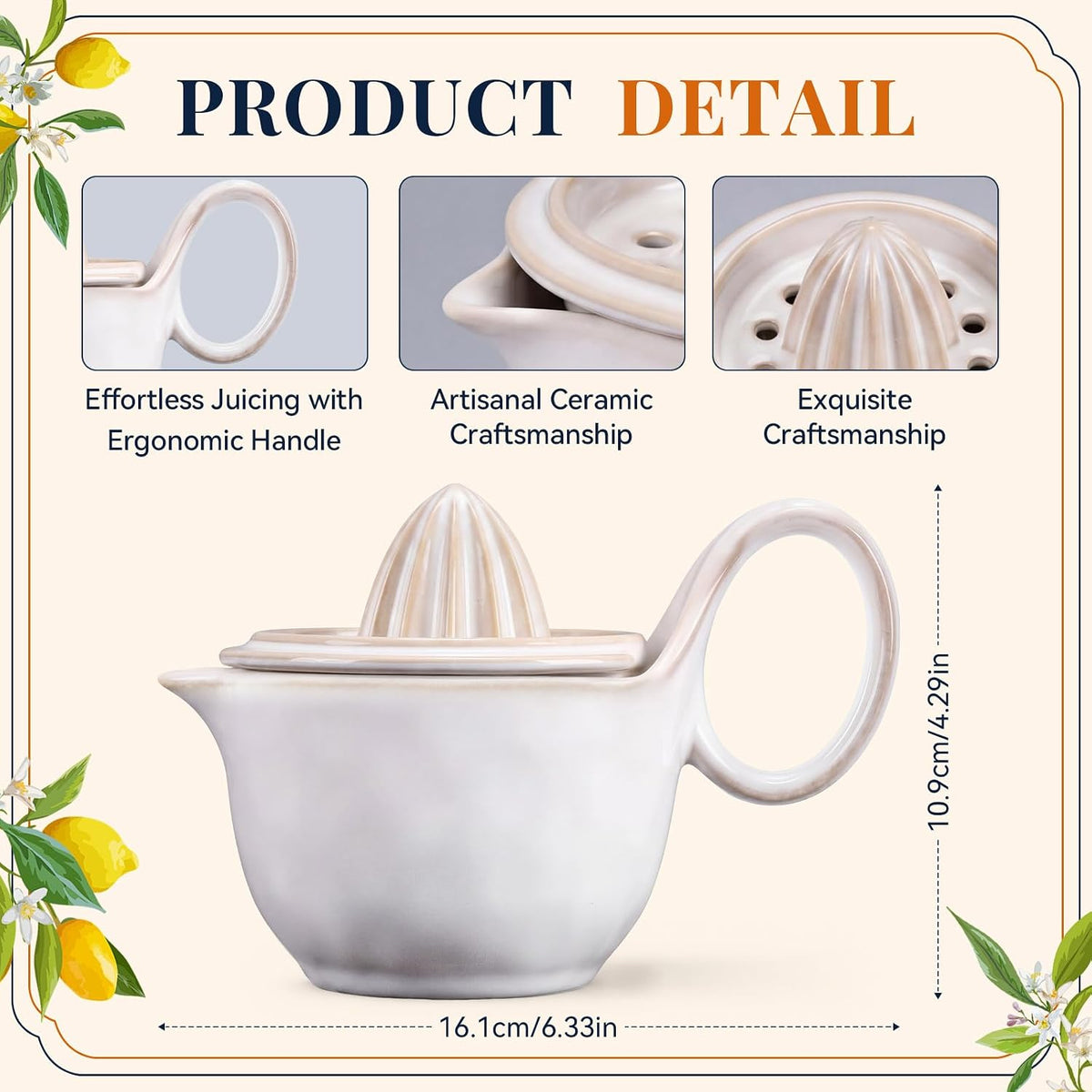 Sawysine Ceramic Lemon Squeezer Manual Citrus Juicer with Strainer Hand Press Lime Orange Reamer with 8.45 oz Cup Strainer Lid Spout Handle for Citrus Fruits Home Kitchen Bar(Classic,Dark Blue)