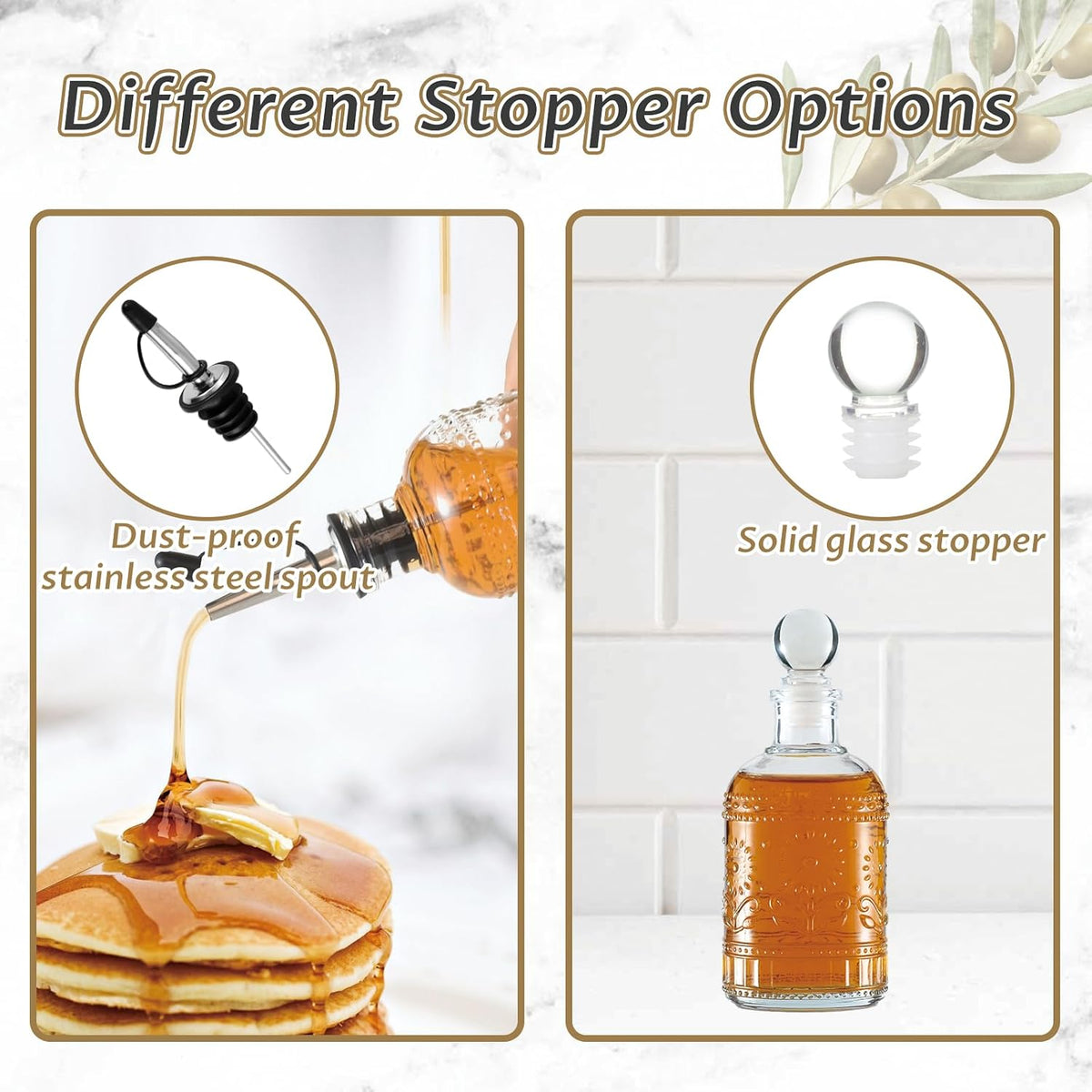 Retro Glass Syrup Dispenser Bottle 7oz, Oil and Vinegar Cruet with Stainless Steel Pour Spout, Labels, Funnel & Stopper(Floral)