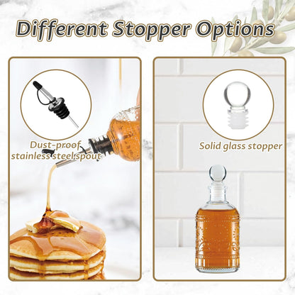 Retro Glass Syrup Dispenser Bottle 7oz, Oil and Vinegar Cruet with Stainless Steel Pour Spout, Labels, Funnel & Stopper(Floral)
