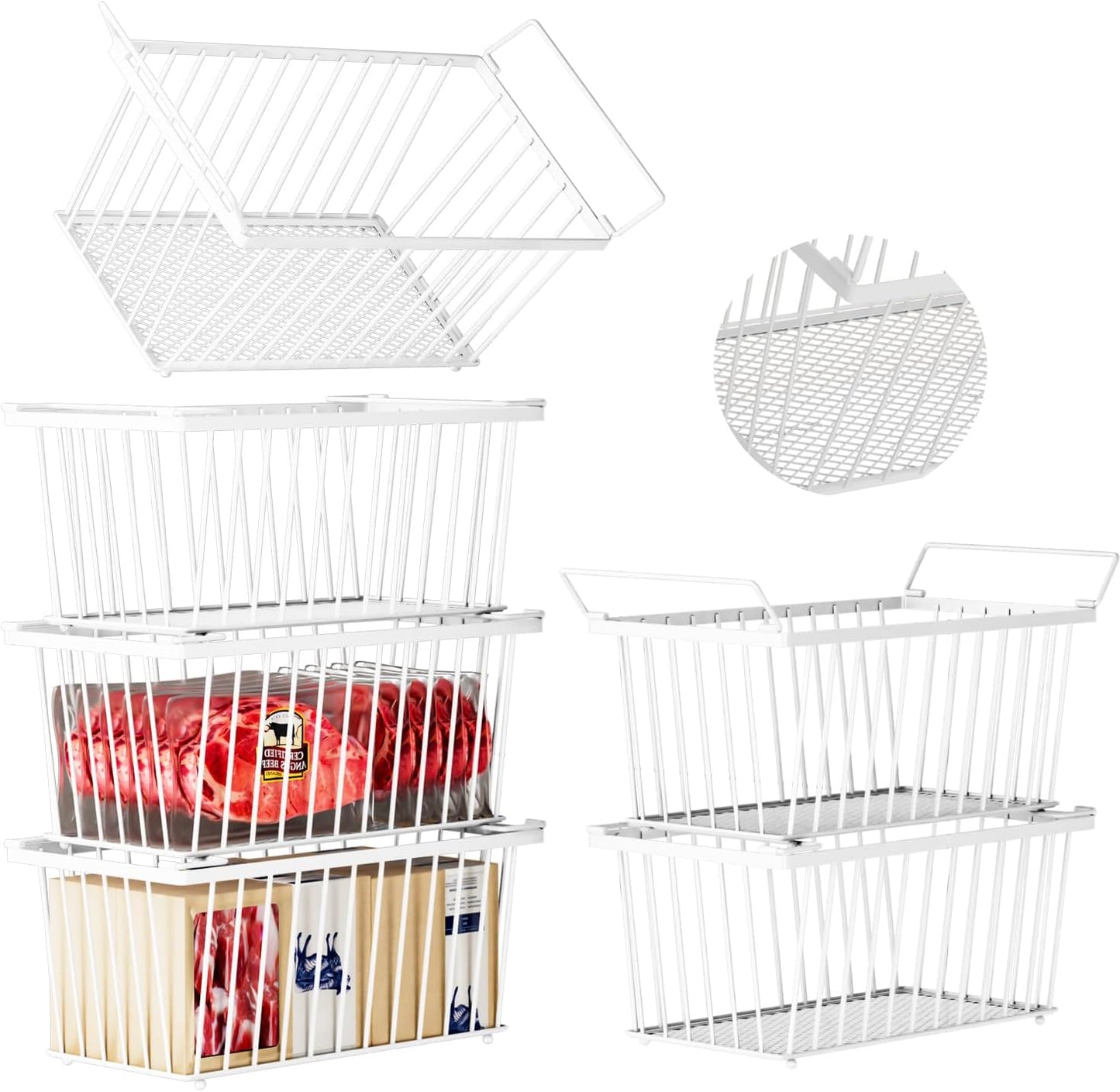 Freezer Organizer Bins, Upgrade Quick Expand/Collapse Feature, for 3.5 Cu.Ft Deep Freezer, 3 Pack Stackable Deep Freezer Organizer Bins, Black Wire Foldable Baskets with Handles (Black 3 Pack)
