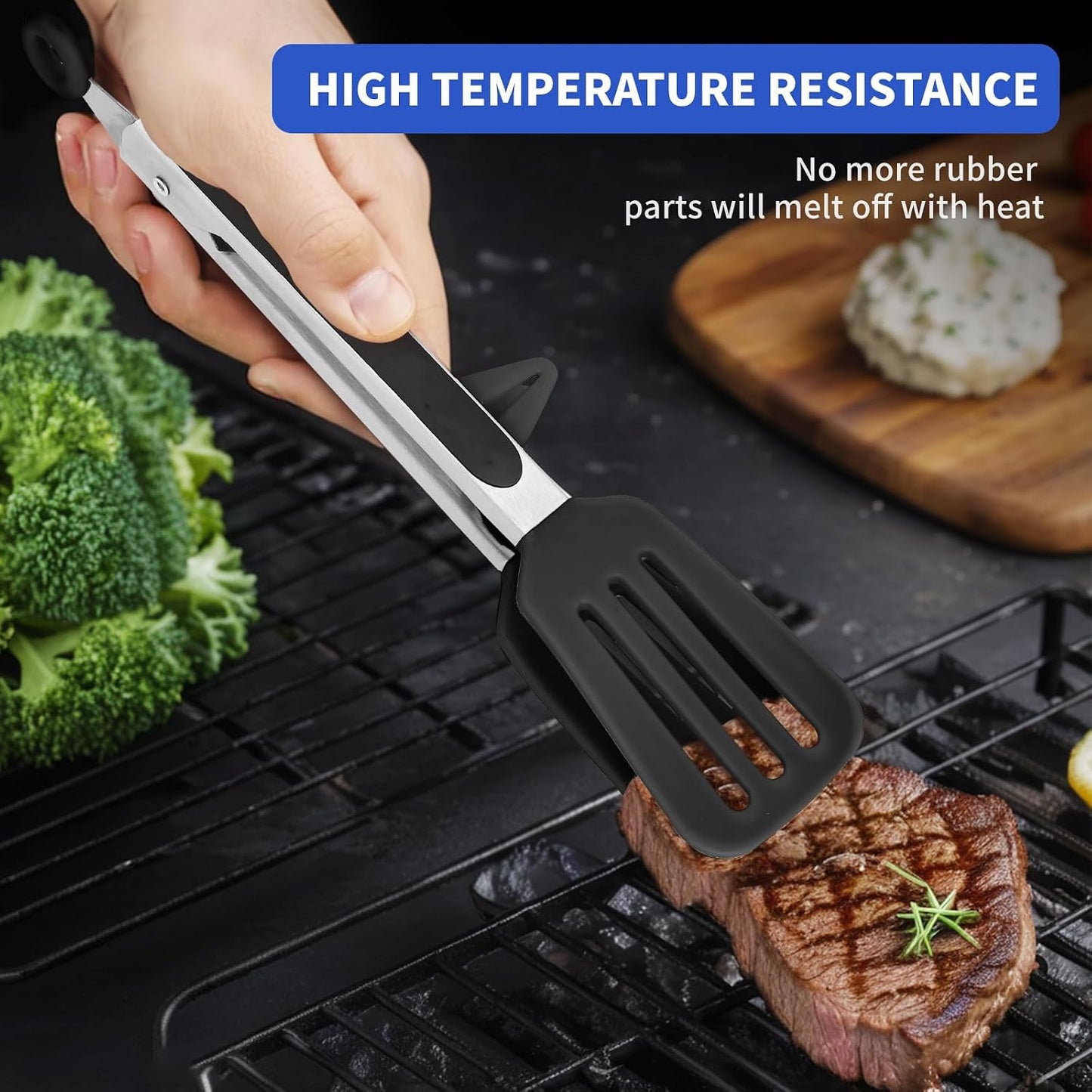 Kitchen Tongs,Set Of 3 Tongs with Silicone Tip for Cooking 9/12 Inch Stainless Steel Kitchen Tong for Meat,Food Grill,Salad,BBQ,Frying,Serving,Dishwasher (Black, 12 Inch)