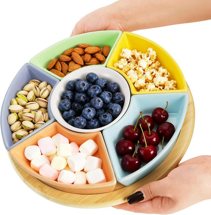 AVLA 11" Ceramic Divided Serving Dishes, Lazy Susan Party Appetizer Platter, 6 Removable Snack Bowl with Rotatable Bamboo Tray, Porcelain Relish Tray for Chips and Dips, Candy, Nut, Condiment, Veggie