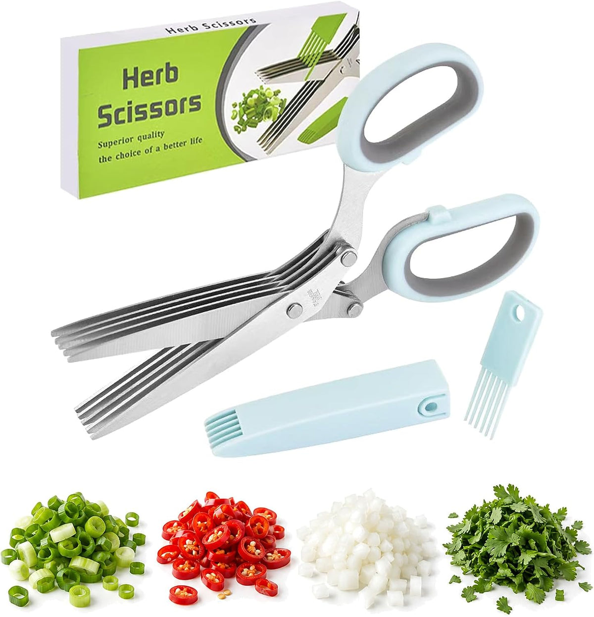 5-Blade Stainless Steel Herb Scissors, Herb Cutter with Cleaning Comb